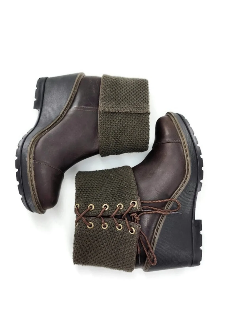 Timberland Kellis Brown Leather Olive Fold Down Side Lace Lug Sole Ankle Boots